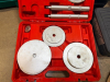 AUTOMOTIVE WHEEL BEARING AND SEAL DRIVER TOOL KIT WITH ASSORTED ALUMINUM DRIVER DISCS, THREADED HANDLES AND ADAPTERS IN RED MOLDED PLASTIC CARRYING CASE. - 2