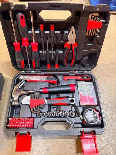 MULTI-PIECE HOUSEHOLD AND MECHANIC'S HAND TOOL KIT WITH CLAW HAMMER, ADJUSTABLE WRENCH, COMBINATION PLIERS, SCREWDRIVERS, PRECISION SCREWDRIVERS, HEX KEY SETS, SOCKETS, DRIVER BITS, UTILITY KNIFE, MEASURING TAPE, FASTENERS AND MOLDED PLASTIC CARRYING CASE