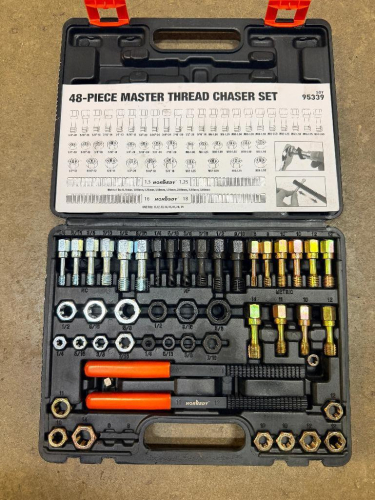 48-PIECE MASTER THREAD CHASER SET WITH ASSORTED SAE AND METRIC THREAD RESTORING TAPS, DIES, THREAD FILES AND MOLDED PLASTIC CARRYING CASE.