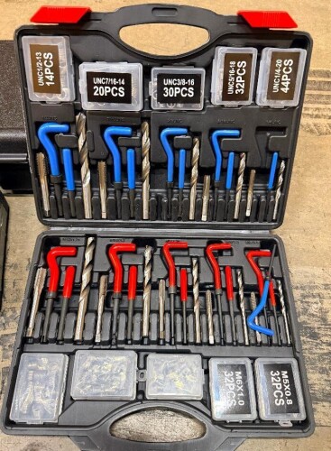420-PIECE SAE AND METRIC THREAD REPAIR TOOL KIT WITH ASSORTED THREAD INSERTS, TAPS, DRILL BITS, INSTALLATION TOOLS, HEX KEYS AND MOLDED PLASTIC CARRYING CASE.