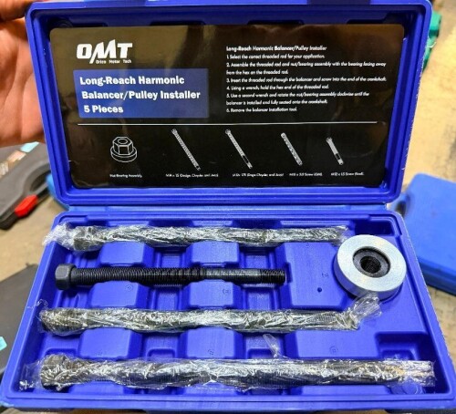 5-PIECE LONG-REACH HARMONIC BALANCER AND PULLEY INSTALLER SET WITH ASSORTED THREADED INSTALLATION RODS, NUT AND BEARING ASSEMBLY AND MOLDED PLASTIC CARRYING CASE.