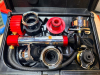 MATCO TOOLS COOLING SYSTEM PRESSURE TESTER SET WITH HAND-OPERATED PRESSURE PUMP, PRESSURE GAUGE, FLEXIBLE HOSE, ASSORTED RADIATOR AND COOLING SYSTEM ADAPTERS AND MOLDED PLASTIC CARRYING CASE.