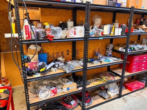 CONTENTS OF (2) SHELVES - ASSORTED PARTS AND HARDWARE.
