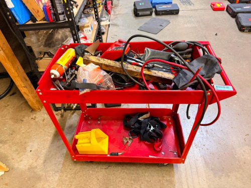 RED 3-TIER ROLLING STEEL SHOP UTILITY CART WITH OPEN STORAGE TRAYS, TUBULAR PUSH HANDLE, AND (4) SWIVEL CASTERS.
