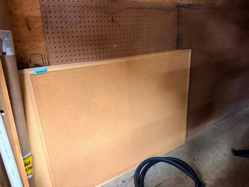 (2) CORK BOARDS, (1) SECTION OF PEG BOARD, AND (1) FOLDING CHAIR