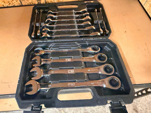 PRO STORMER METRIC RATCHETING COMBINATION WRENCH SET WITH OPEN-END AND RATCHETING BOX-END WRENCHES IN MOLDED PLASTIC CARRYING CASE