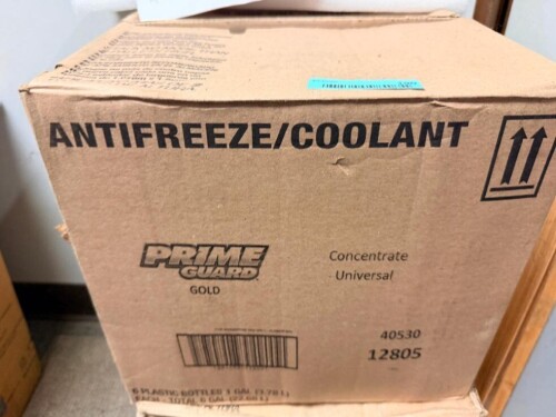 (2) CASES OF PRIME GUARD GOLD UNIVERSAL CONCENTRATED ANTIFREEZE/COOLANT, (6) ONE-GALLON BOTTLES PER CASE, 12 GALLONS TOTAL.