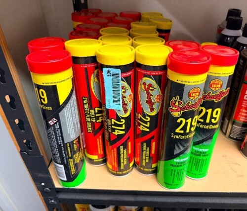 ASSORTMENT OF SCHAEFFER'S HEAVY-DUTY GREASE CARTRIDGES, INCLUDING SYNFORCE GREEN WATERPROOF EXTREME PRESSURE GREASE AND SYNTHETIC PLUS MULTI-PURPOSE GREASE.