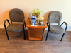 (2) GREY UPHOLSTERED SIDE CHAIRS AND (1) ACCENT TABLE.