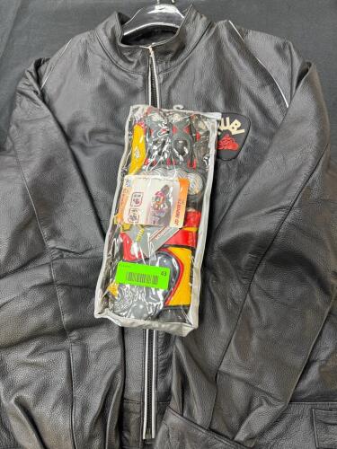 BLACK LEATHER MOTORCYCLE JACKET WITH RIDING GLOVES