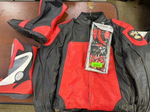 BLACK AND RED LEATHER MOTORCYCLE JACKET, BOOTS AND GLOVES SET