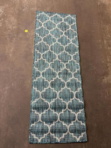 TEAL & CREAM GEOMETRIC RUNNER RUG