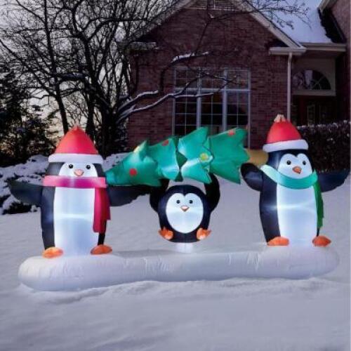 8.5 FT LIT INFLATABLE PENGUINS HOLDING TREE