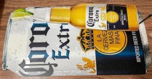 (1) CORONA BEER TIN CAN AND (6) TIN BOTTLES.