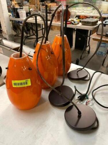 (3) PENDANT LIGHTS WITH ORANGE GLASS SHADES