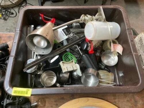 PLASTIC BUS TUB WITH CONTENTS - ASSORTED SMALL WARES.