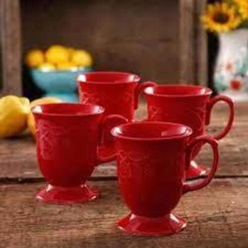 DESCRIPTION: (4) COWGIRL LACE COFFEE MUG BRAND/MODEL: PIONEER WOMAN INFORMATION: RED RETAIL$: $40.00 TOTAL SIZE: 14 OZ QTY: 4