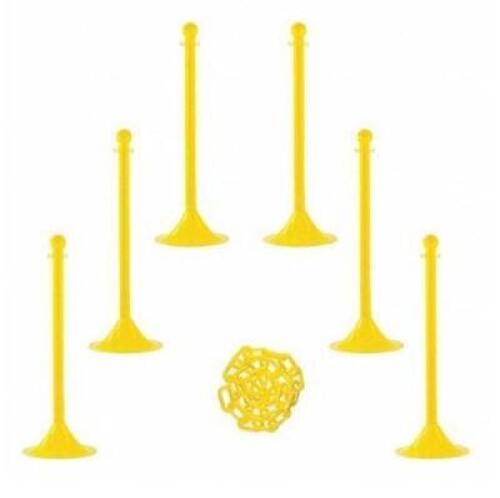 DESCRIPTION: (1) BARRIER POST KIT BRAND/MODEL: MR.CHAIN/71002-6 INFORMATION: YELLOW/HIGH DENSITY POLY/25-PIECES RETAIL$: 267.77 SIZE: 41"H X 14"BASE D