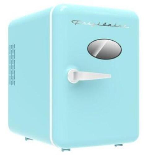 DESCRIPTION: (1) RETRO MINI FRIDGE BRAND/MODEL: FRIGIDAIRE/EFMIS137-BLUE INFORMATION: LIGHT BLUE/CAN CAPACITY: 6-CAN RETAIL$: 39.98 SIZE: 6.8"L X 10.5