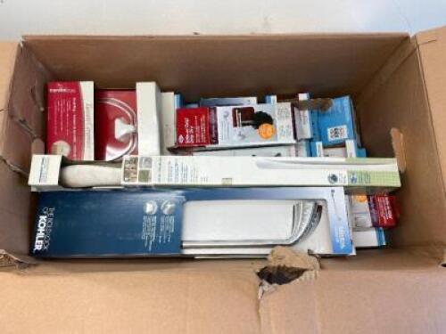 BOX OF ASSORTED BATHROOM FIXTURES, TOWEL BARS, AND TOWEL HOLDERS.