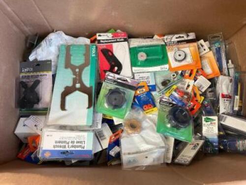BOX OF ASSORTED HARDWARE AND PLUMBING SUPPLIES