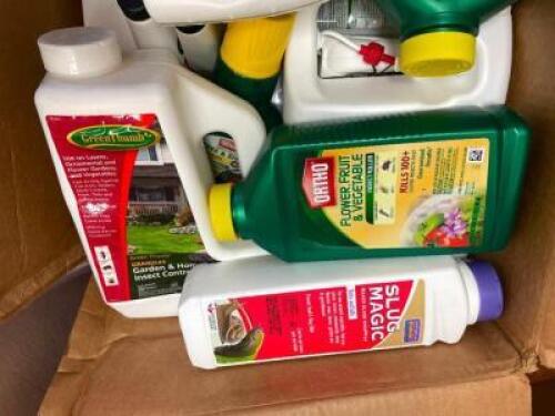 BOX OF ASSORTED LAWN AND GARDEN CHEMICALS AND FERTILIZERS.