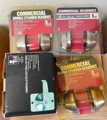 BOX OF ASSORTED DOOR HANDLES AND LOCK.