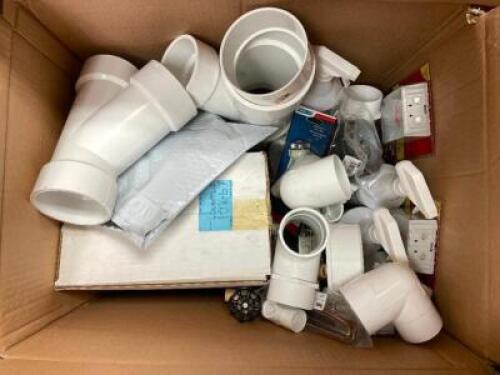 BOX OF ASSORTED PLUMBING HARDWARE AND PVC FITTINGS