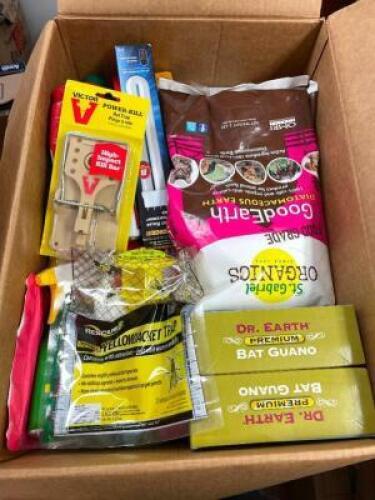 BOX OF ASSORTED PEST CONTROL AND LAWN AND GARDEN PRODUCTS.