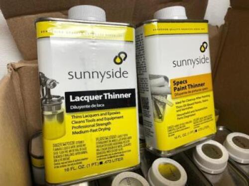 BOX OF ASSORTED SUNNY SIDE PAINT THINNER AND LACQUER THINNER.