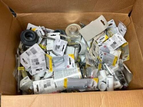 BOX OF MISC. HARDWARE, FRAME HOOKS, AND FASTENERS