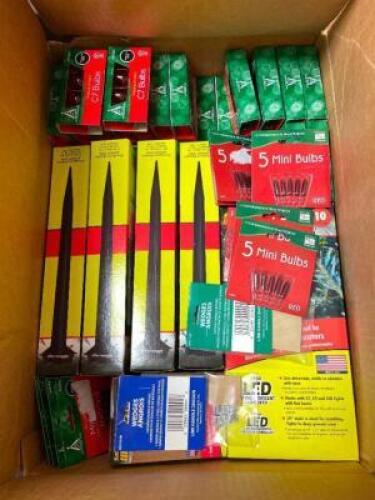 BOX OF ASSORTED CHRISTMAS LIGHTS AND YARD STAKES.