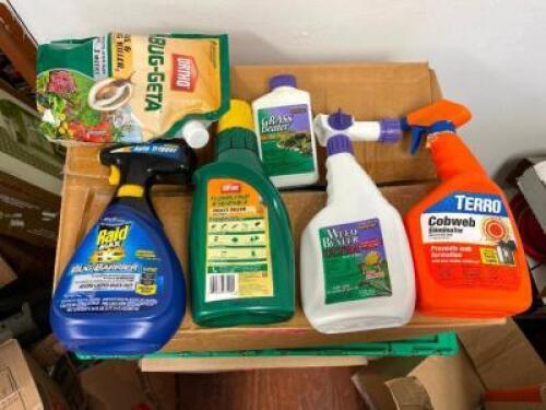BOX OF ASSORTED LAWN CARE AND PEST CONTROL PRODUCTS.