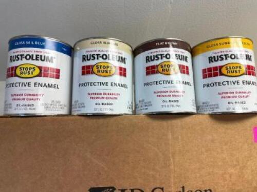 BOX OF ASSORTED SMALLER CANS OF PAINT, STAIN, AND PRIMER.