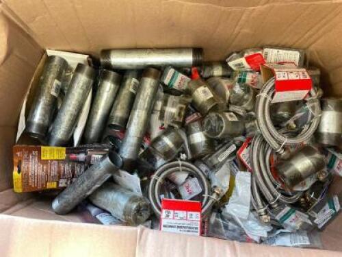 BOX OF ASSORTED STEEL PIPE FITTING AND PLUMBING SUPPLIES