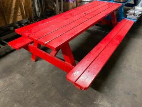 DESCRIPTION: 8' WOODEN PICNIC TABLE W/ BENCH SEAT - RED SIZE: 96" LONG LOCATION: BAY 7 QTY: 1
