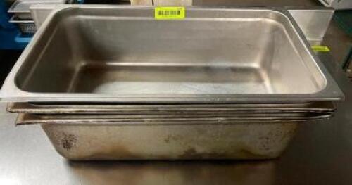 DESCRIPTION: (3) FULL SIZE STAINLESS INSERTS SIZE: 6" DEEP LOCATION: BAY 7 THIS LOT IS: SOLD BY THE PIECE QTY: 3