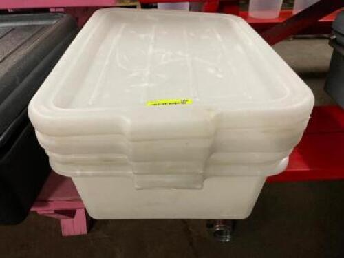 DESCRIPTION: (3) PLASTIC BUS TUBS W/ LIDS LOCATION: BAY 7 THIS LOT IS: SOLD BY THE PIECE QTY: 3
