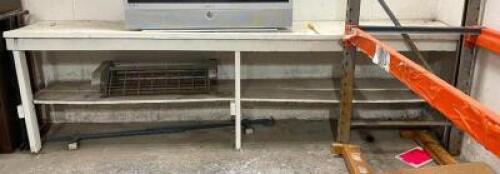 DESCRIPTION: 128" TWO-TIER WOODEN SHELVING UNIT SIZE: 128" X 23" X 36" LOCATION: DOWNSTAIRS QTY: 1