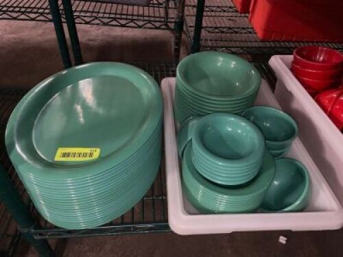(20) SETS OF GREEN PLASTIC SERVING PLATES, BOWLS, AND SAUCE CUPS