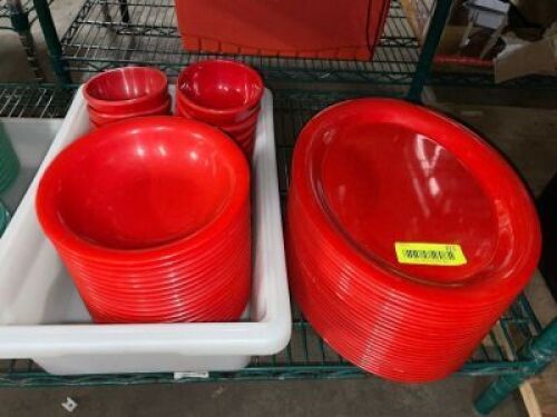 (20) SETS OF RED PLASTIC SERVING PLATES, BOWLS, AND SAUCE CUPS