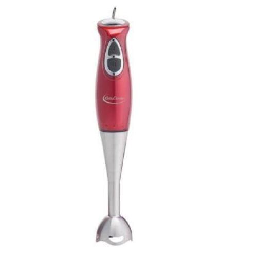 DESCRIPTION: (1) HAND BLENDER BRAND/MODEL: BETTY CROCKER/BC-3302CMR INFORMATION: RED/MIXING BEAKING/2-SPEED RETAIL$: 24.99 SIZE: 3.5"L X 3"W X 15.25"H
