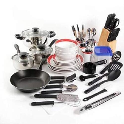DESCRIPTION: (1) HOME ESSENTIAL KITCHEN COMBO SET BRAND/MODEL: GIBSON HOME/98141.83RM INFORMATION: 83-PIECES/BLACK RETAIL$: 108.9 QTY: 1