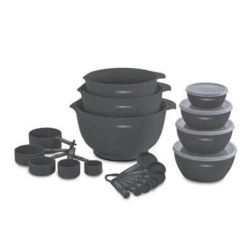 DESCRIPTION: (1) PROFESSIONAL MIX & MEASURE BAKING SET BRAND/MODEL: FARBERWARE/5252138 INFORMATION: GRAY/23-PIECES RETAIL$: 39.99 QTY: 1
