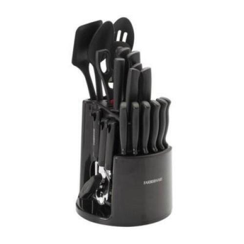 DESCRIPTION: (1) CLASSIC CAROUSEL CUTLERY TOOL SET BRAND/MODEL: FARBERWARE INFORMATION: BLACK/STAINLESS RETAIL$: 49.99 SIZE: 8.26"L X 8.26"W X 9.05"H