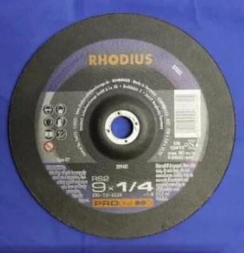 DESCRIPTION: (10) GRINDING DISC BRAND/MODEL: RHODIUS/RS57 INFORMATION: TYPE 27/FOR STEEL RETAIL$: 12.98 EACH SIZE: 9" X 1/4" QTY: 10