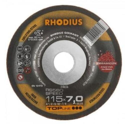 DESCRIPTION: (1) PACK OF (10) GRINDING WHEEL BRAND/MODEL: RHODIUS/RS580 INFORMATION: FOR USE WITH STAINLESS STEEL RETAIL$: 94.91 PER PK OF 10 SIZE: 7"