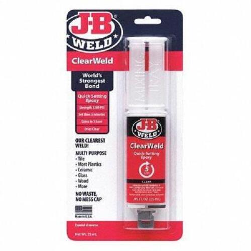 DESCRIPTION: (5) EPOXY ADHESIVE SYRINGE BRAND/MODEL: J-B WELD #39F868 INFORMATION: CLEAR RETAIL$: $6.71 EA SIZE: 0.85 OZ QTY: 5