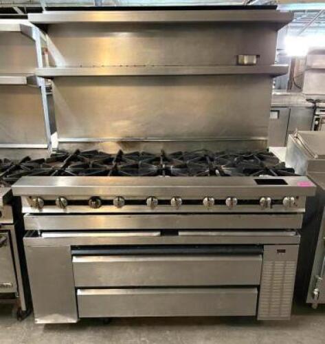 DESCRIPTION: 5' 10-BURNER GAS RANGE WITH REFRIGERATED BASE AND 2-TIER RISER SHELF QTY: 1