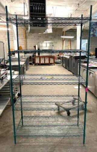 DESCRIPTION: 5-TIER WIRE METAL SHELVING UNIT ON CASTERS SIZE: 36"X24"X69" QTY: 1